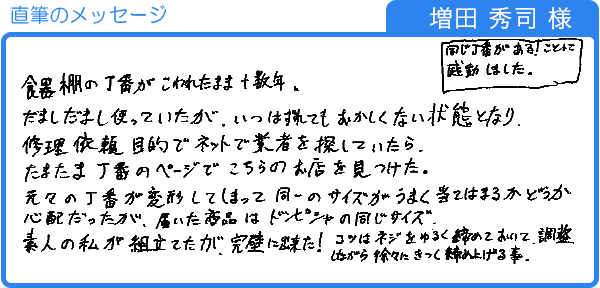 食器棚の丁番、素人の私が組立てたが完璧に出来た！（増田 秀司様）