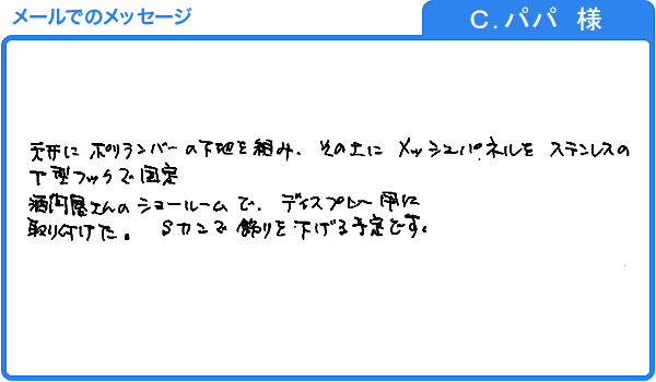 ショールームでディスプレイ用に取り付けました。（Ｃ.パパ様）