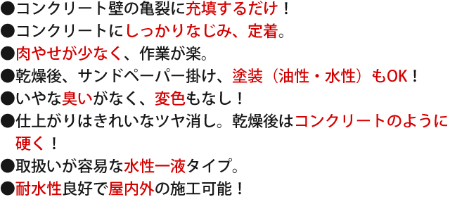 ●コンクリート壁の亀裂に充填するだけ！●コンクリートにしっかりなじみ、定着。●肉やせが少なく、作業が楽。●乾燥後、サンドペーパー掛け、塗装（油性・水性）もOK！●いやな臭いがなく、変色もなし！●仕上がりはきれいなツヤ消し。乾燥後はコンクリートのように硬く！●取扱いが容易な水性一液タイプ。●耐水性良好で屋内外の施工可能！