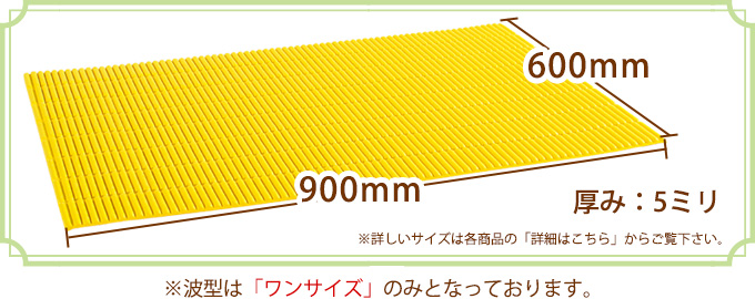 縦：400ミリ、横600ミリ、厚み：6ミリ（詳しいサイズは各商品の「詳細はこちら」からご覧下さい。）※波型はワンサイズのみとなっております。