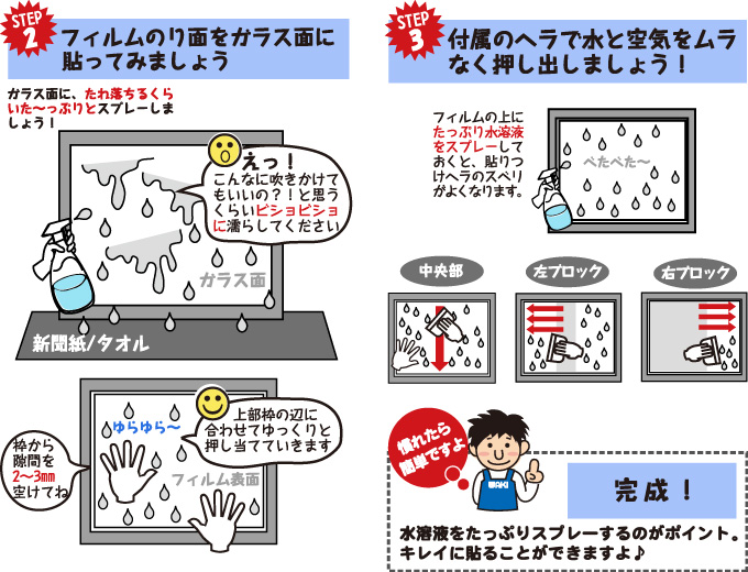 2.フィルムのり面をガラス面に貼ってみましょう　3.付属のヘラで水と空気をムラなく押し出しましょう！　完成！