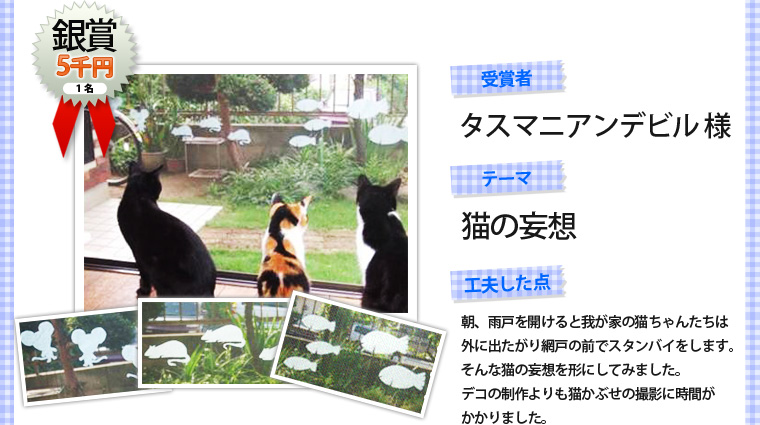 銀賞1名（5千円）・受賞者「タスマニアンデビル様」・テーマ「猫の妄想」・工夫した点「朝、雨戸を開けると我が家の猫ちゃんたちは外に出たがり網戸の前でスタンバイをします。そんな猫の妄想を形にしてみました。デコの製作よりも猫かぶせの撮影に時間がかかりました。」