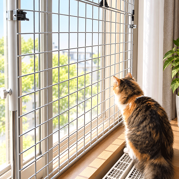 窓に設置した猫の脱走防止柵セットの使用写真